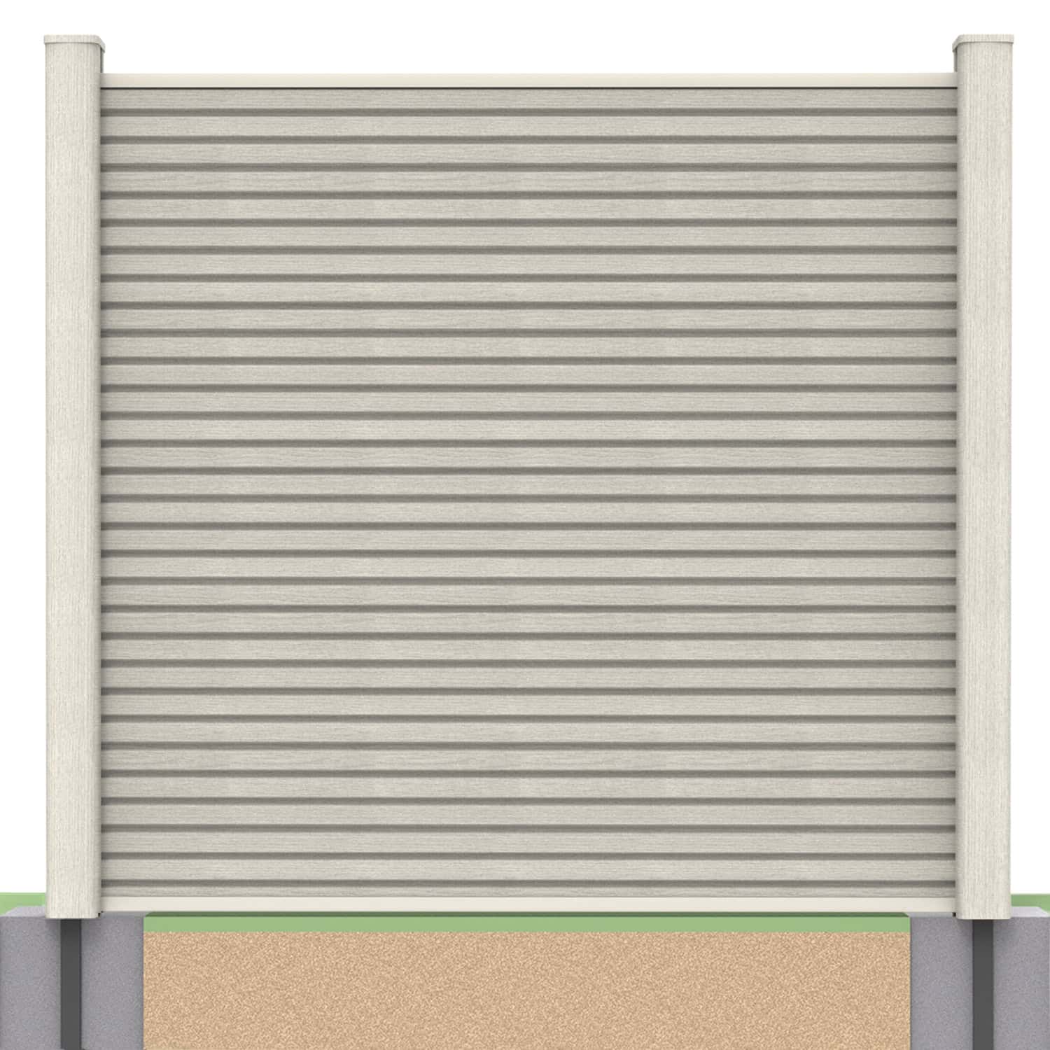 Slatted composite fence panel set in ash white with soft ground post inserts