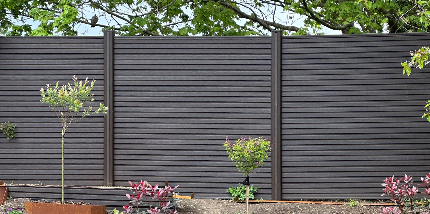 NeoTimber Slatted Fence Panel Set - Chocolate completed installation