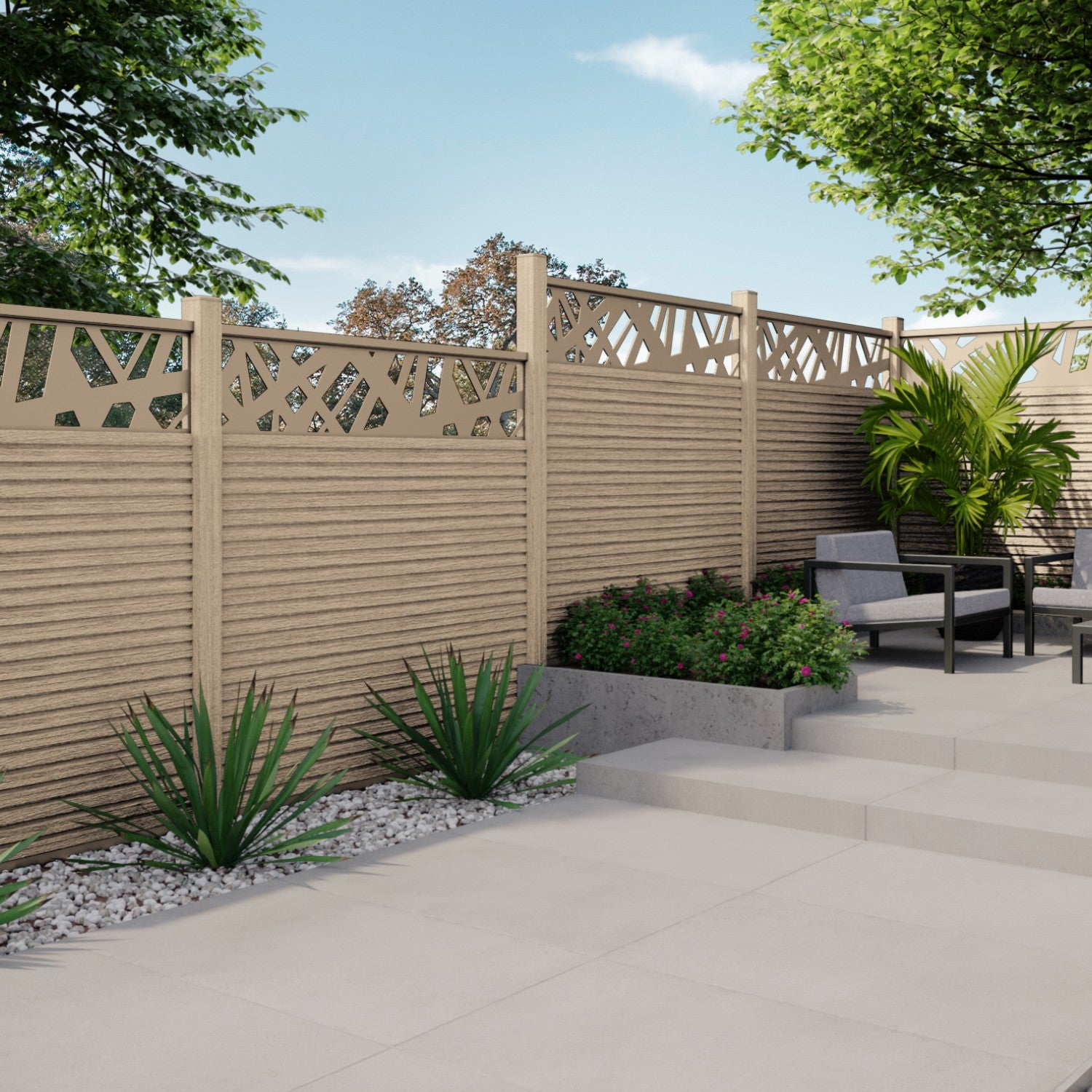NeoTimber Slatted Composite Fence Panel Set With Contemporary Screen - Capped composite technology
