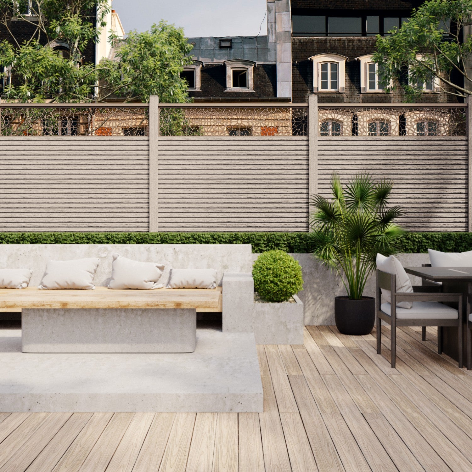 NeoTimber Slatted Composite Fence Panel Set With Geometric Screen - No painting or staining required