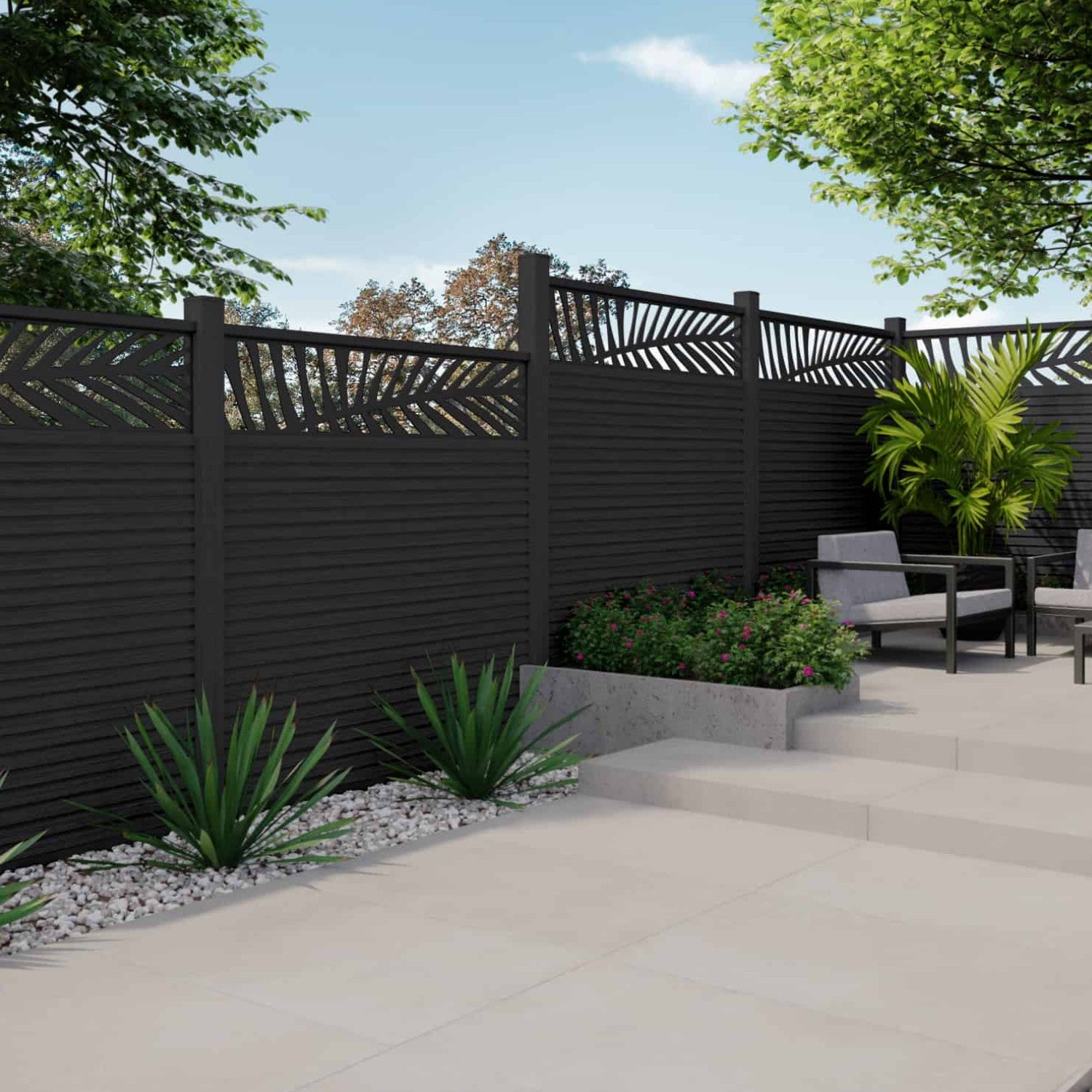 NeoTimber Slatted Composite Fence Panel Set With Leaf Screen - Capped composite fencing