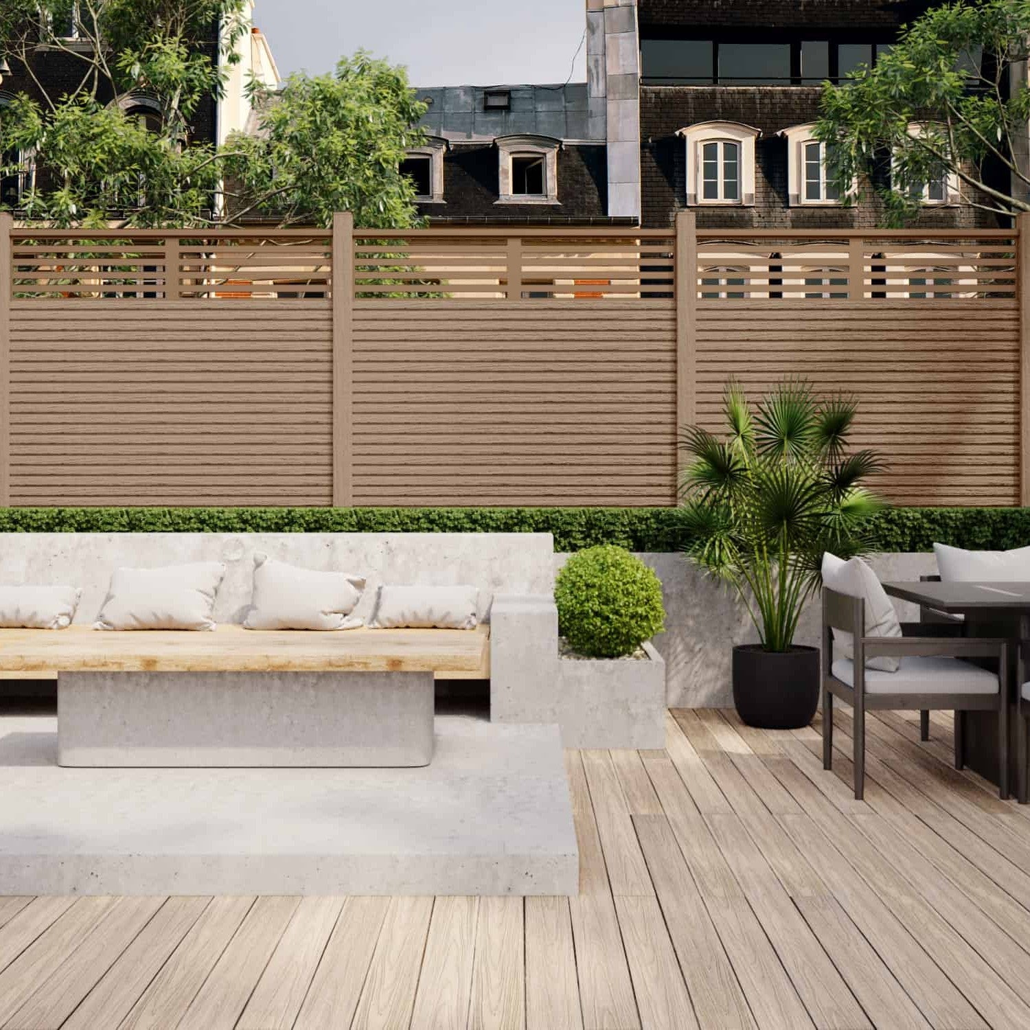 NeoTimber Slatted Composite Fence Panel Set With Linear Screen - Capped composite materials