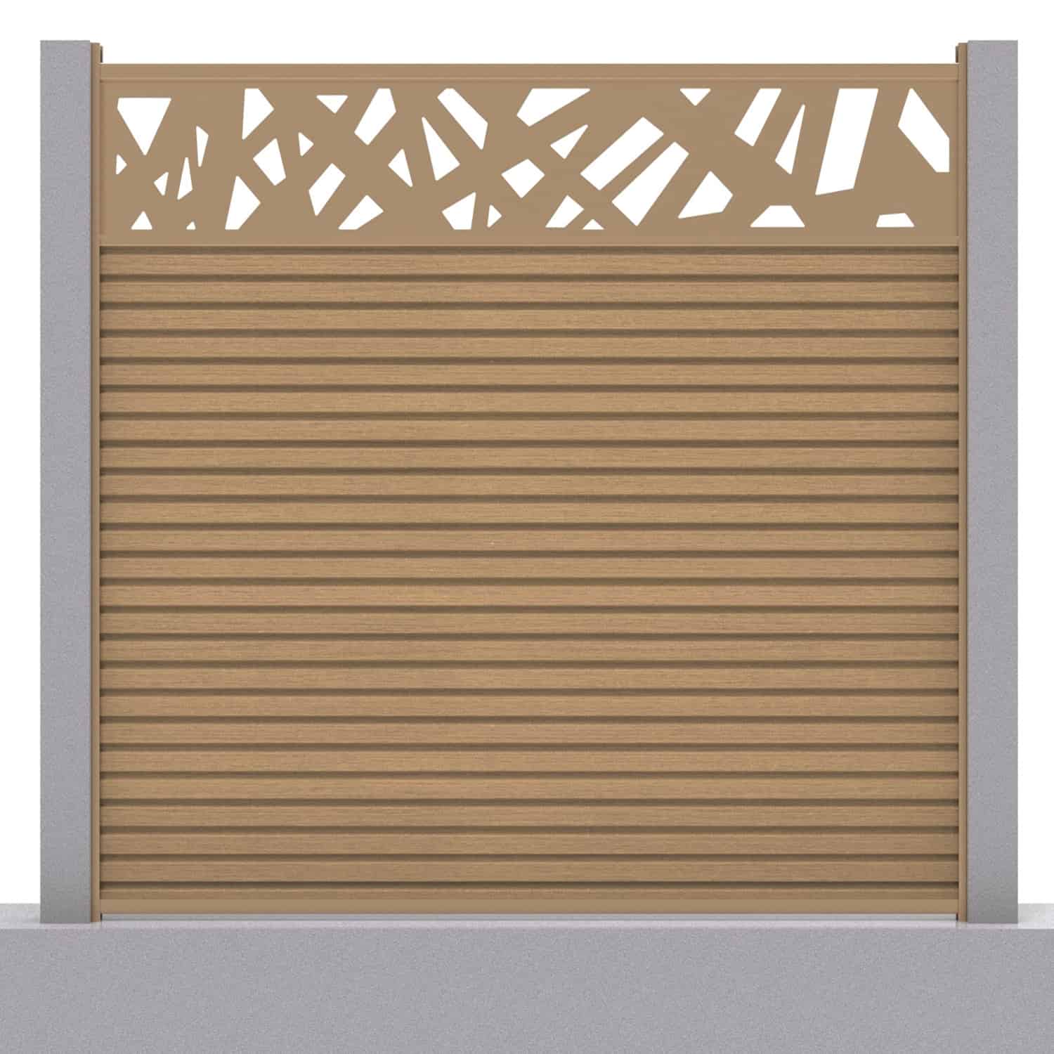 Slatted composite fence panel set - contemporary design in teak with concrete post inserts