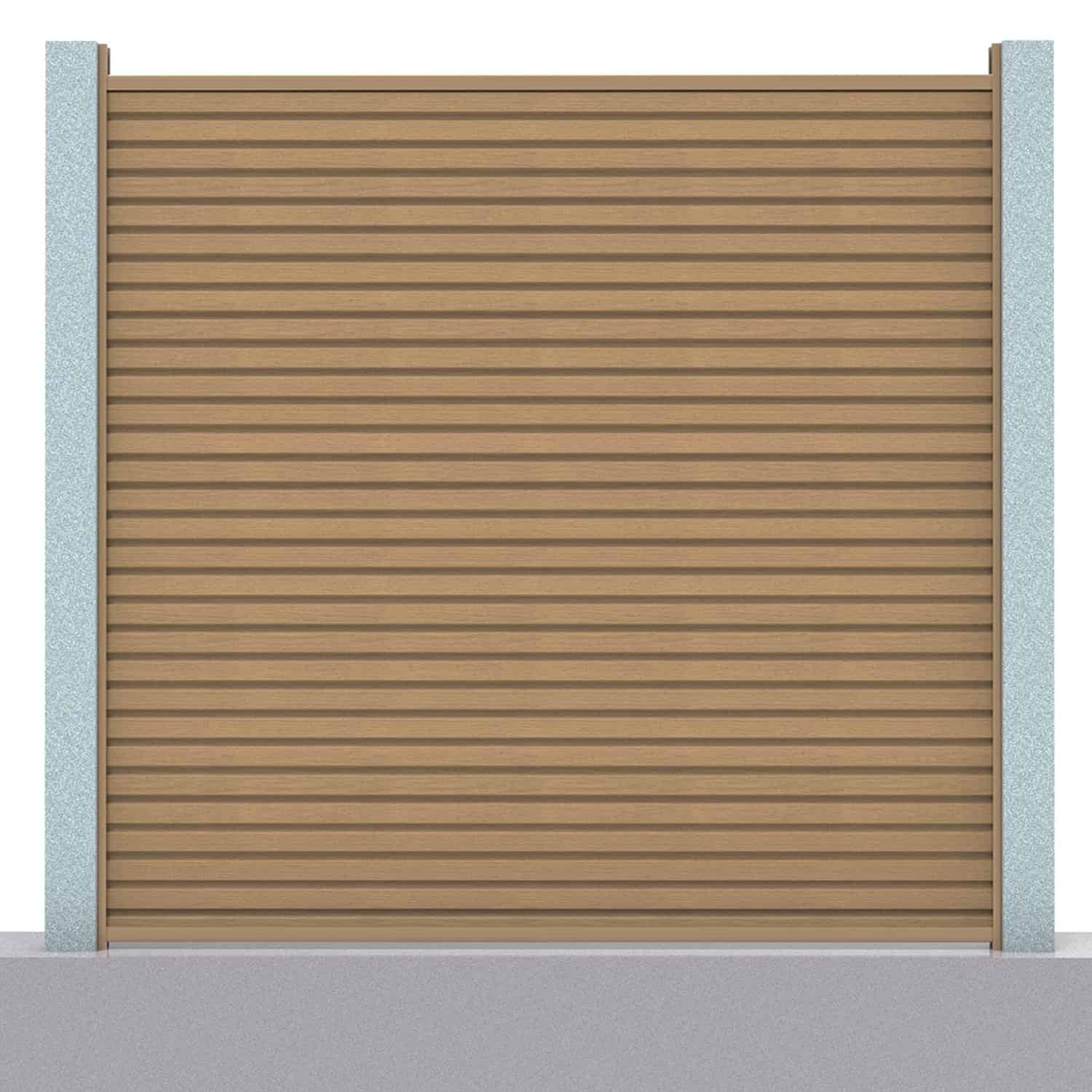 Slatted composite fence panel set in teak with concrete post inserts