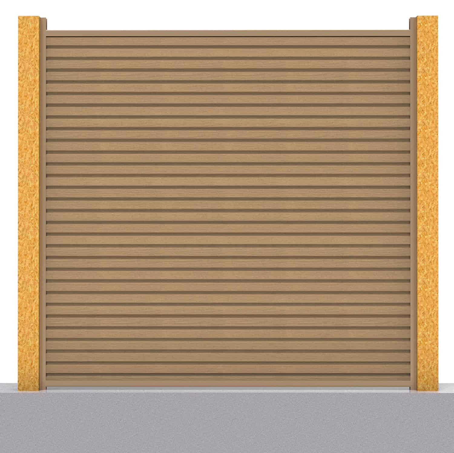 Slatted composite fence panel set in teak with wooden post inserts