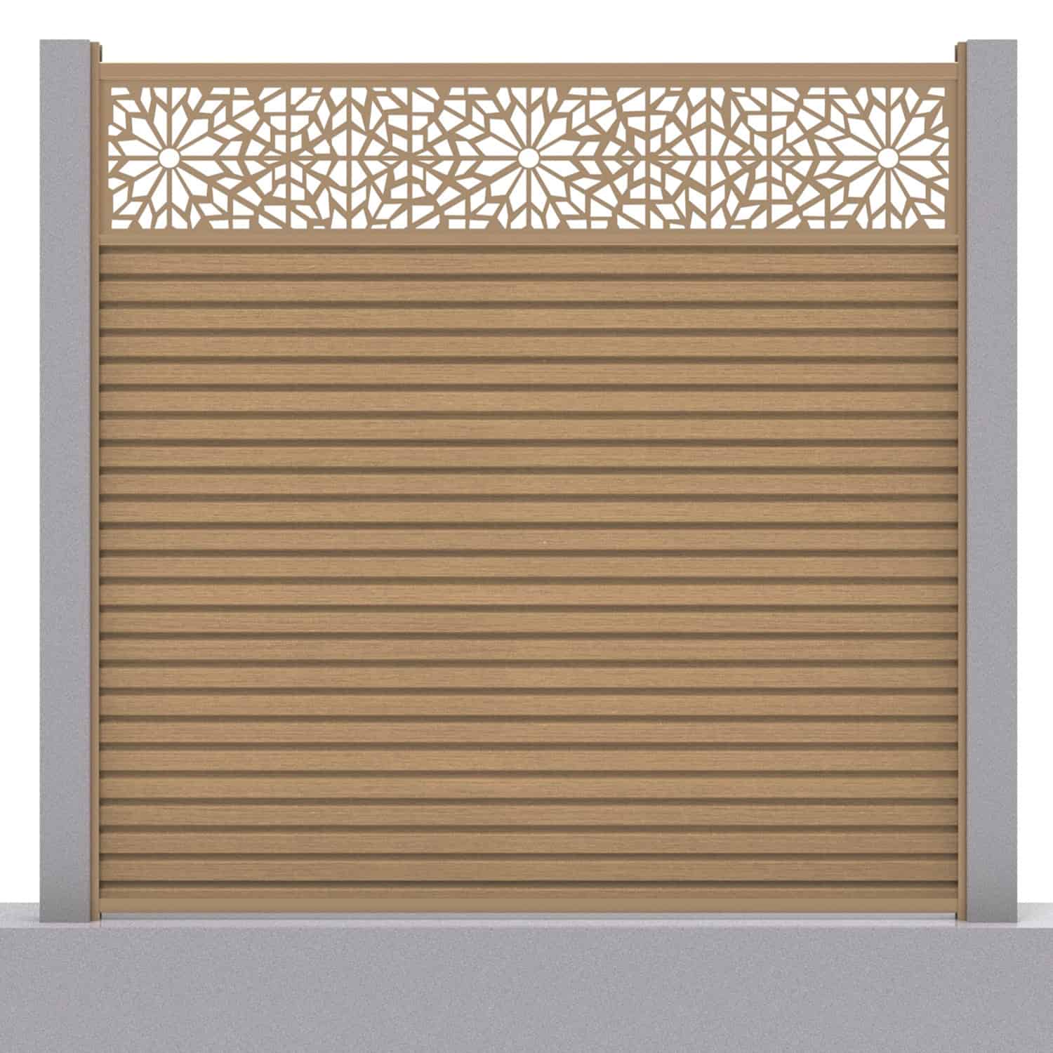 Slatted composite fence panel set - geometric design in teak with concrete post inserts