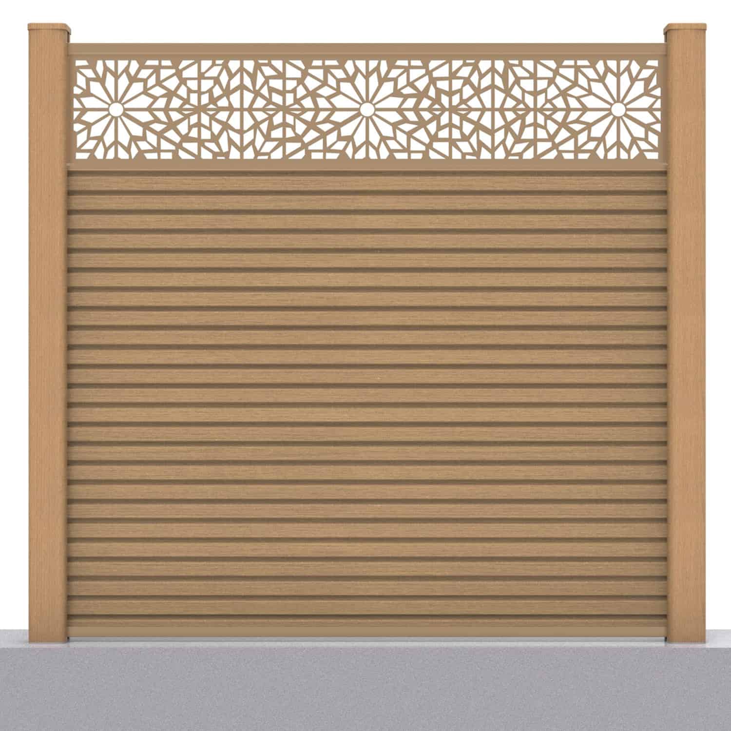 Slatted composite fence panel set - geometric design in teak with hard ground post inserts
