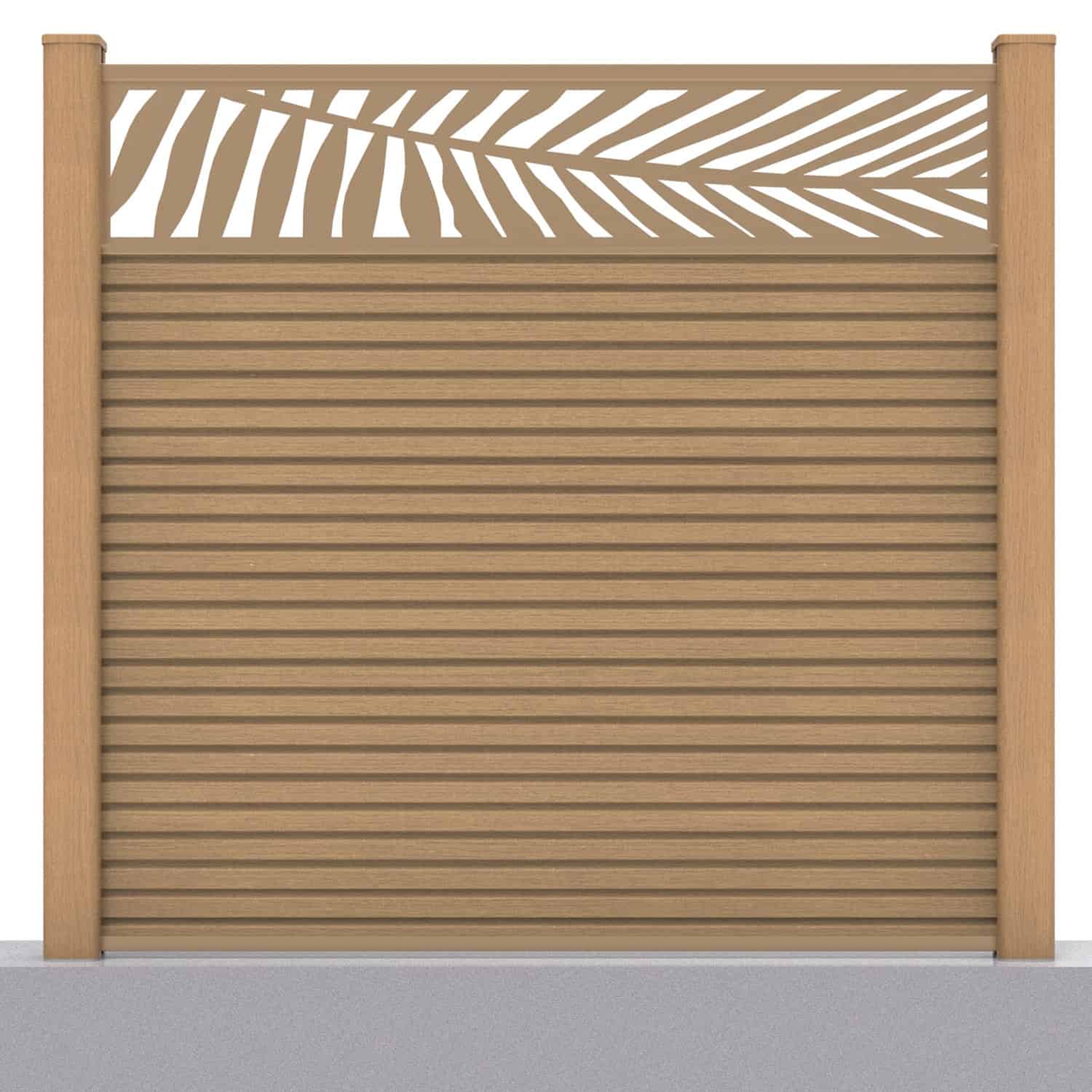 Slatted composite fence panel set - leaf design in teak with hard ground post inserts