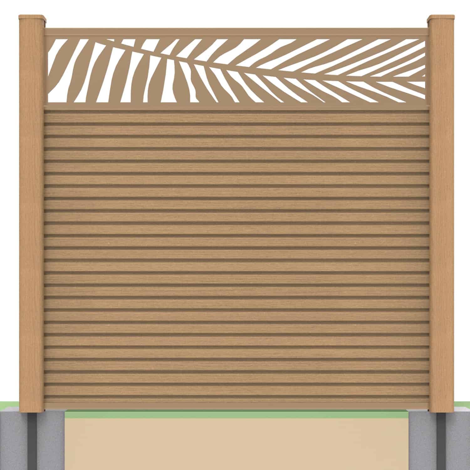 Slatted composite fence panel set - leaf design in teak with soft ground post inserts