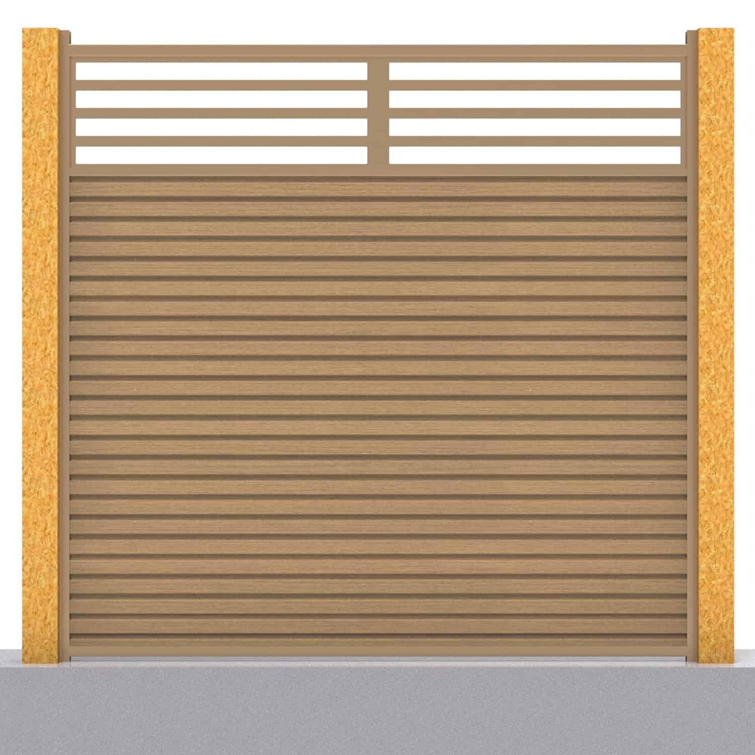 Slatted composite fence panel set - linear design in teak with wooden post inserts