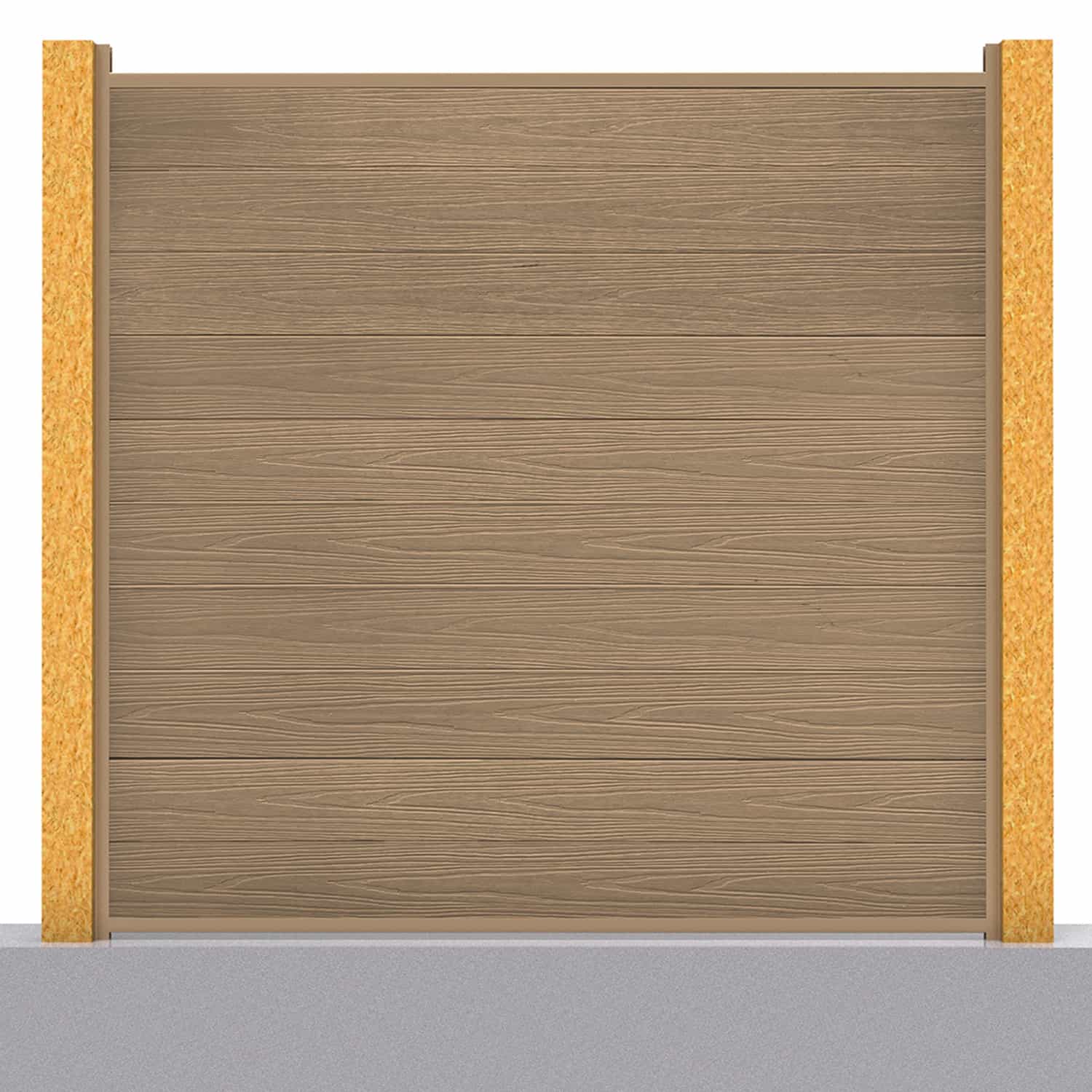 Deluxe composite fence panel set in teak with wooden post inserts