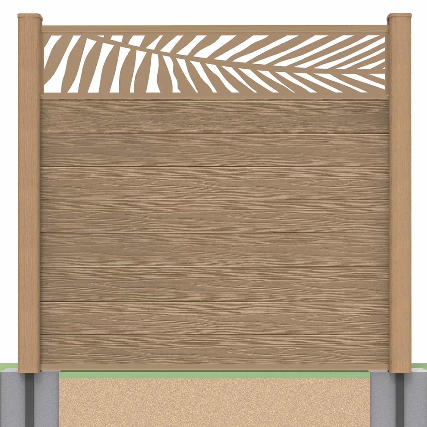 Deluxe composite fence panel set - leaf design in teak with soft ground post inserts