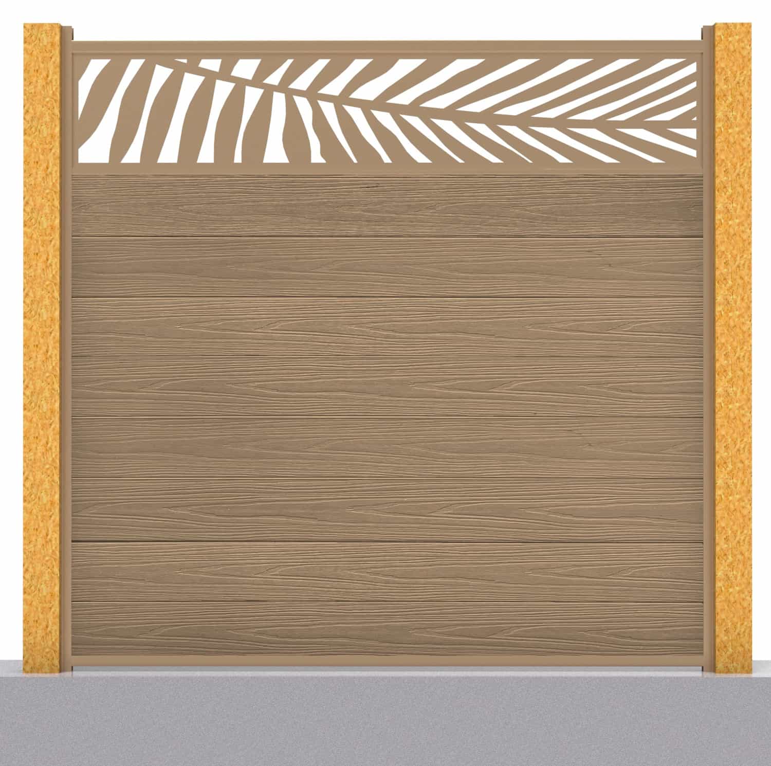 Deluxe composite fence panel set - leaf design in teak with wooden post inserts
