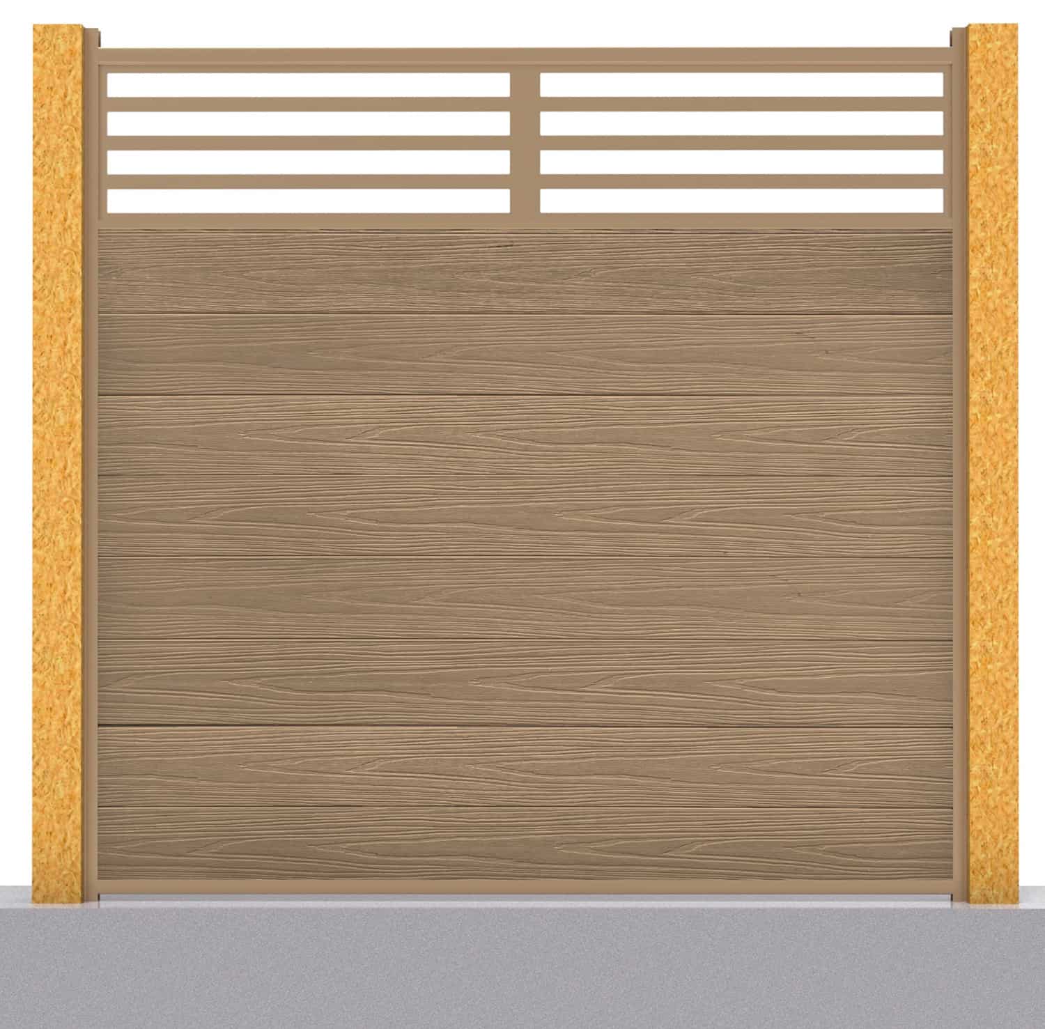 Deluxe composite fence panel set - linear design in teak with wooden post inserts