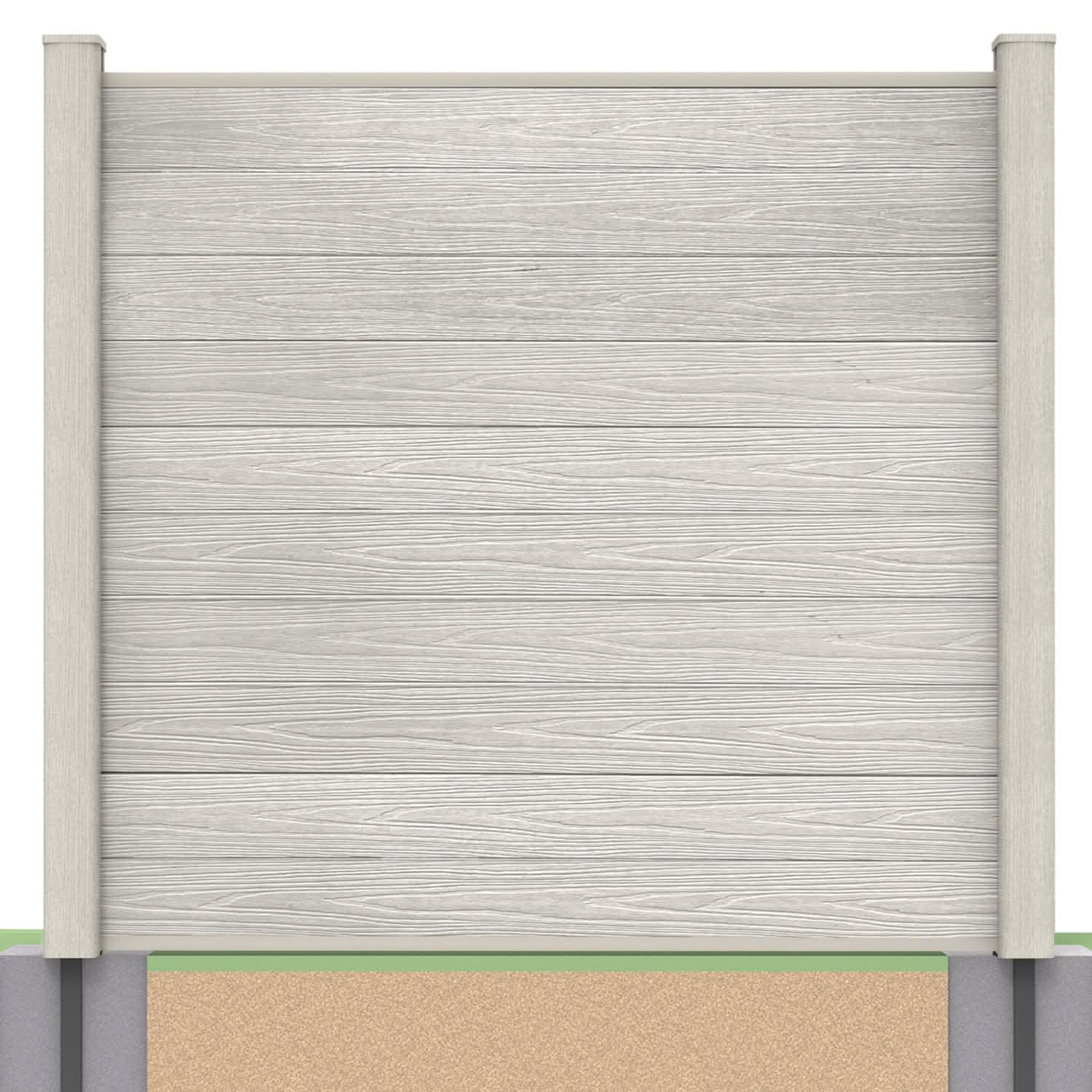 Deluxe composite fence panel set in silver birch with soft ground post inserts
