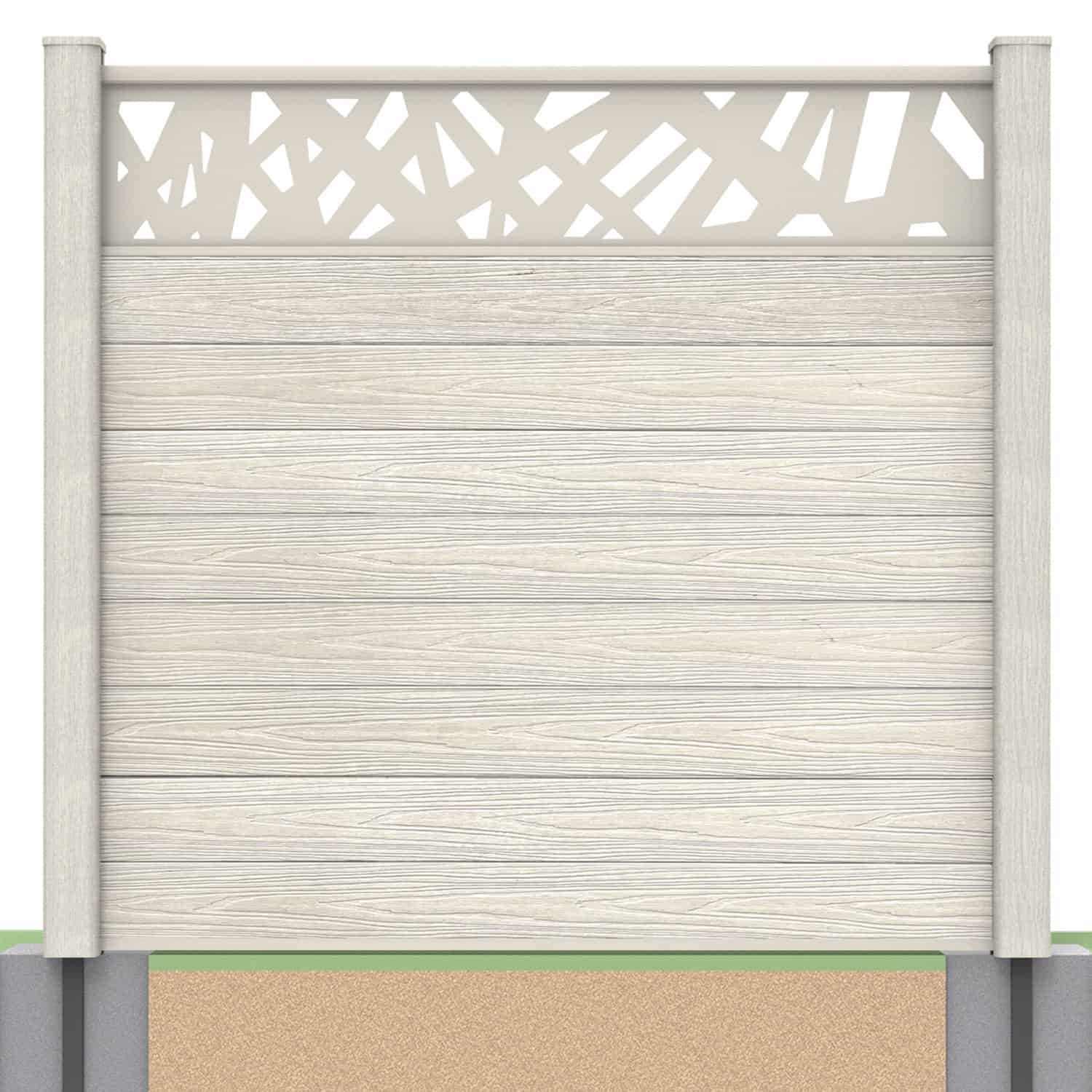 Deluxe composite fence panel set - contemporary design in ash white with soft ground post inserts