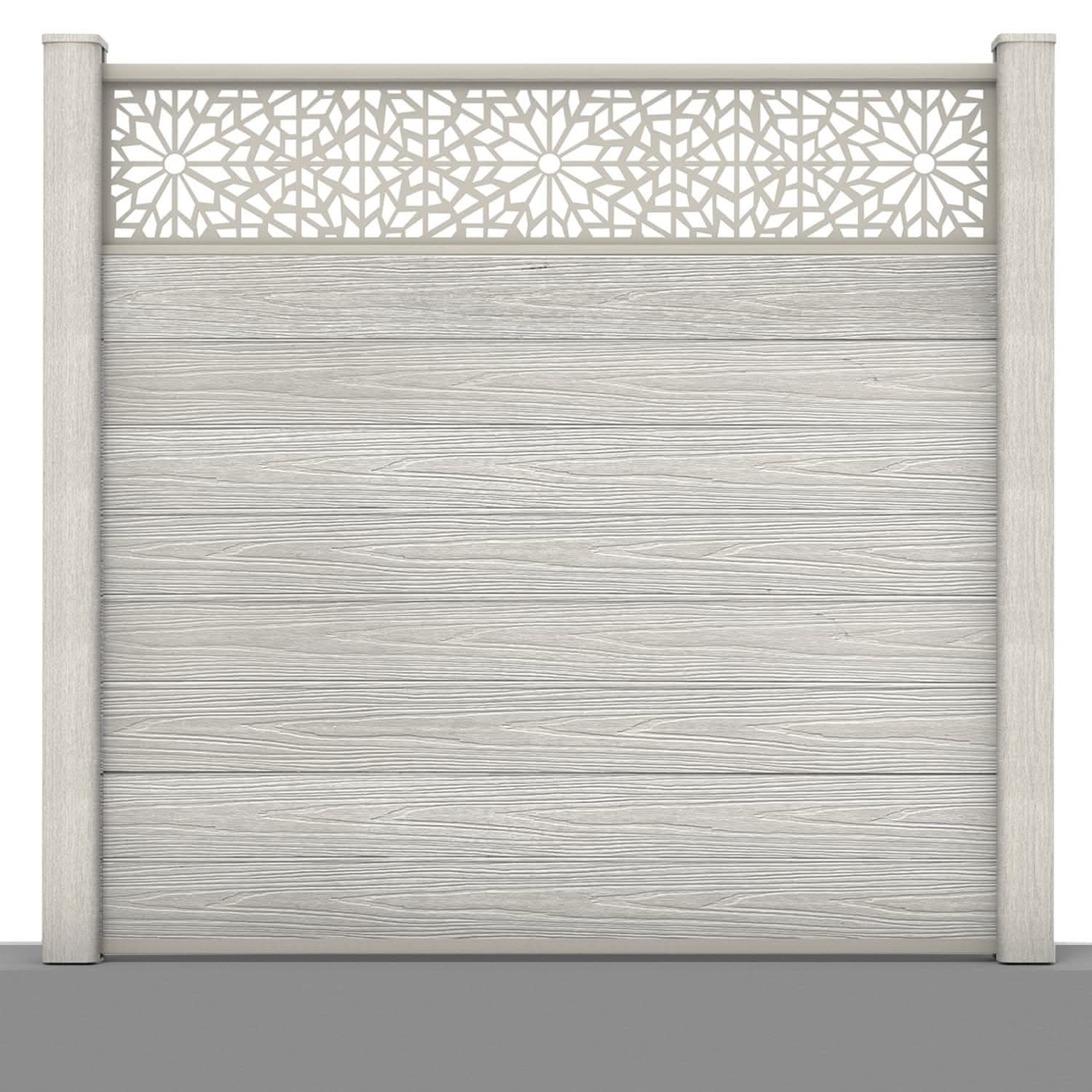 Deluxe composite fence panel set - geometric design in silver birch with soft ground post inserts