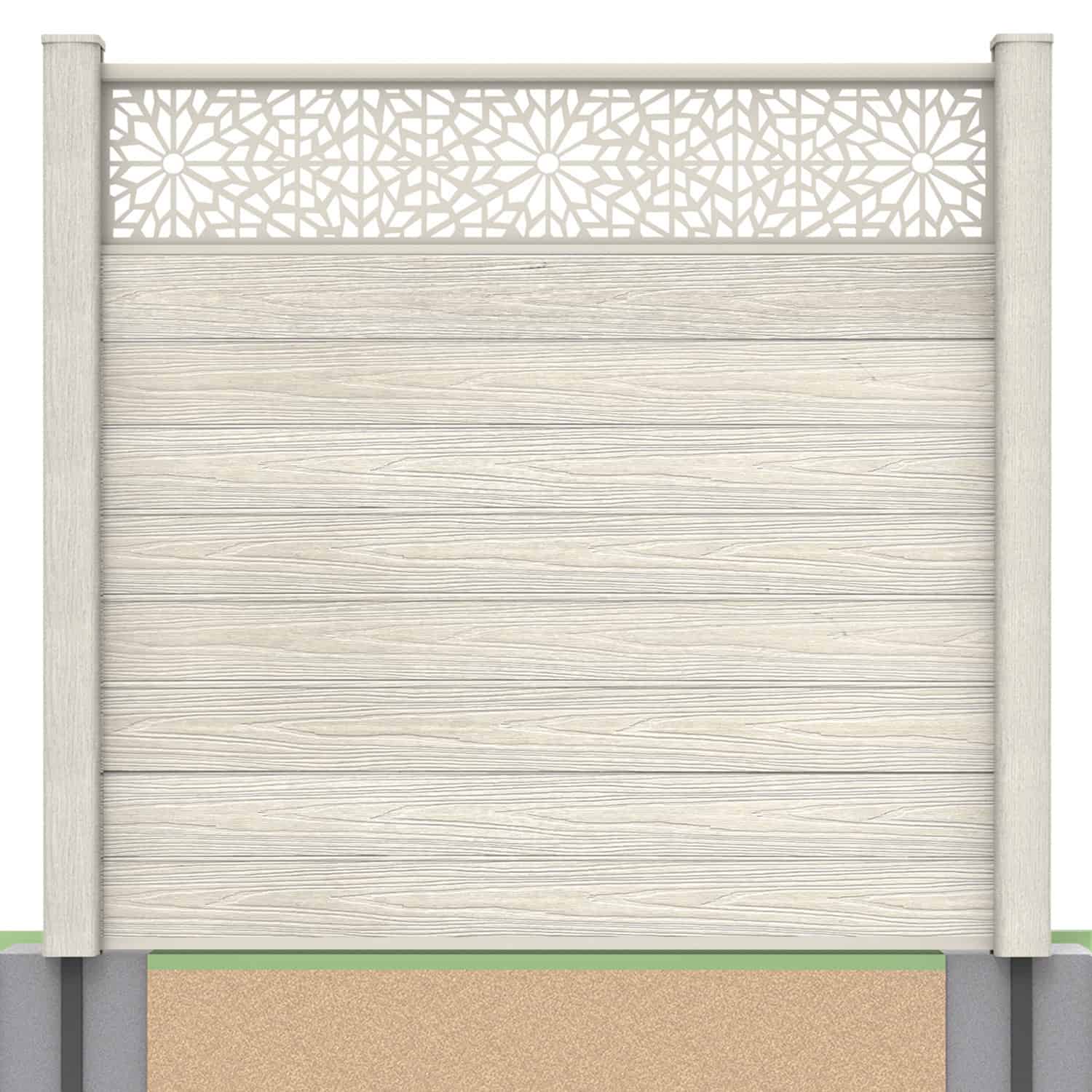 Deluxe composite fence panel set - geometric design in ash white with soft ground post inserts