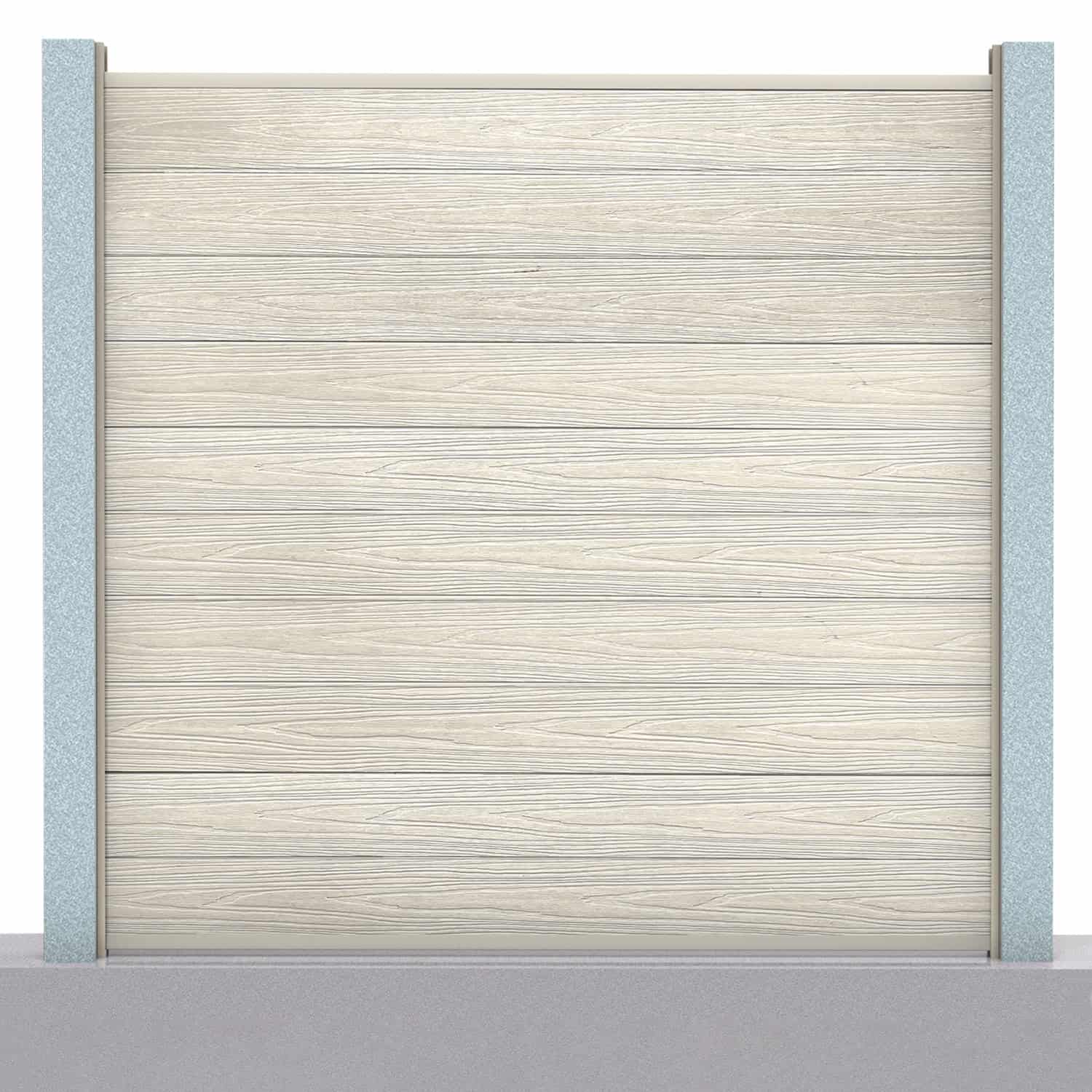 Deluxe composite fence panel set in ash white with concrete post inserts