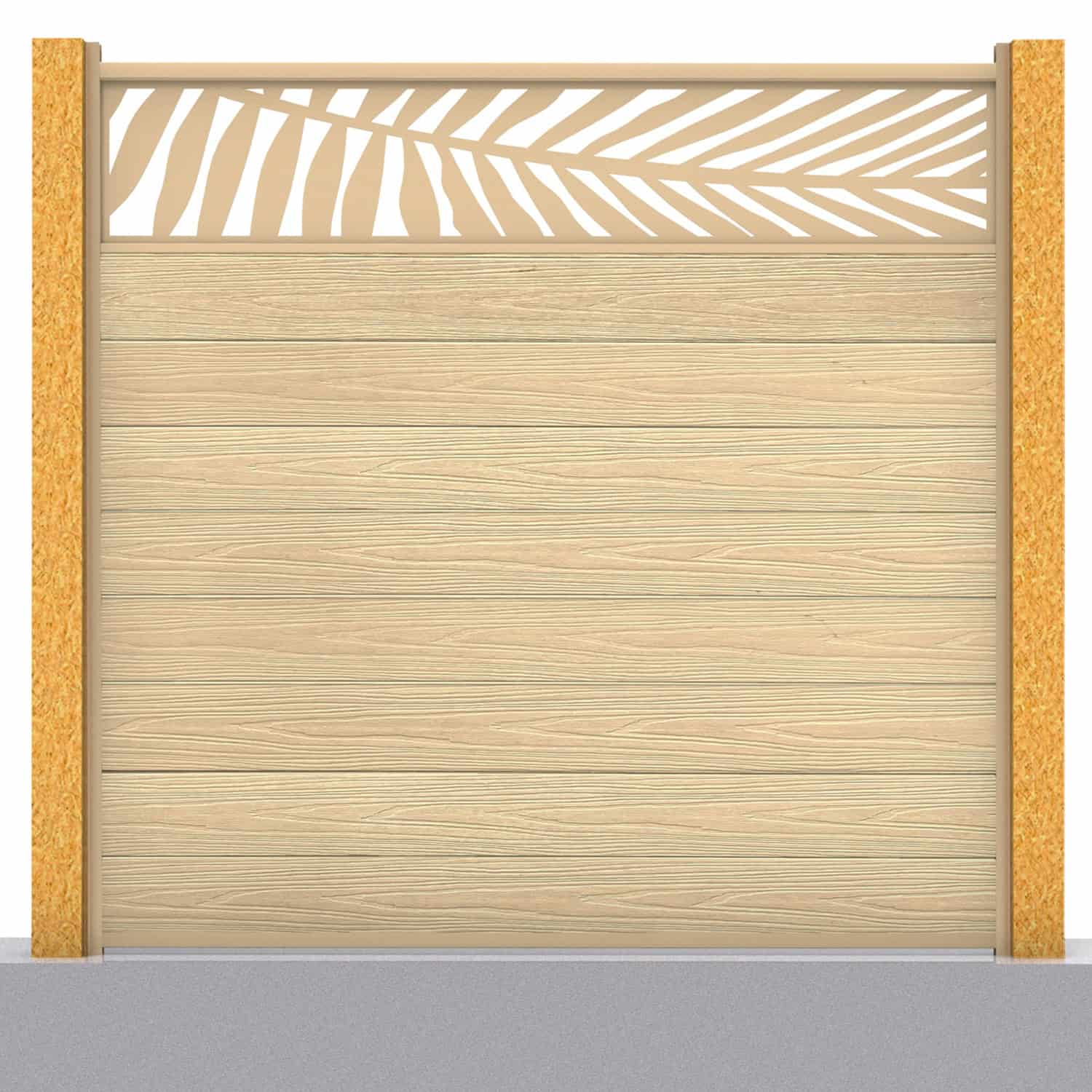 Deluxe composite fence panel set - leaf design in oak with wooden post inserts