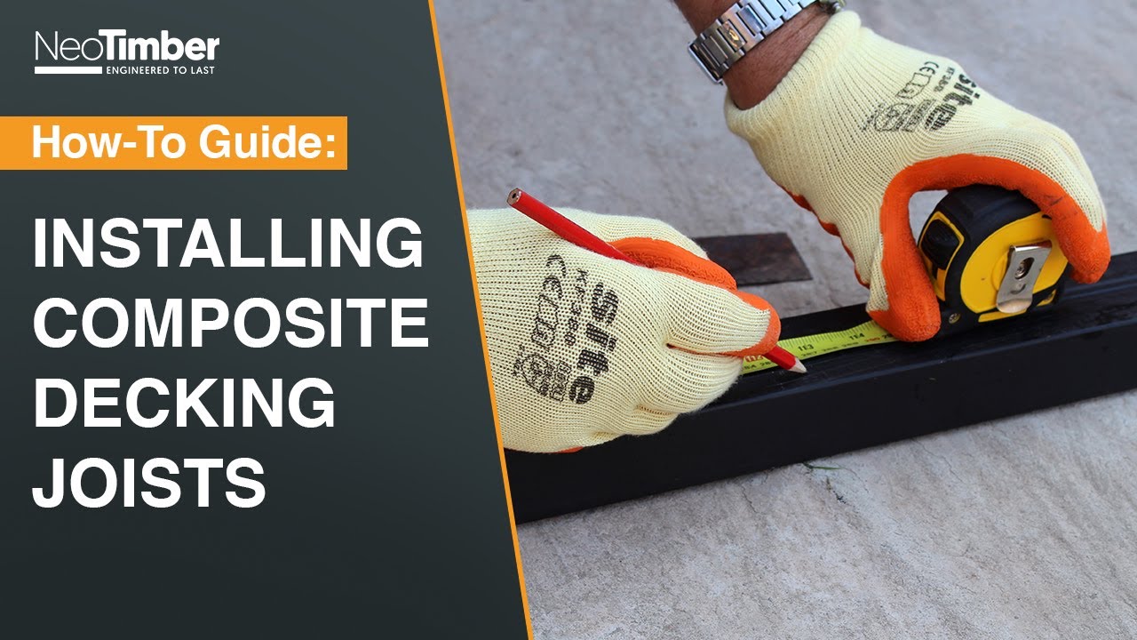 How-to guide for installing composite decking joists with a person using gloves and tools.